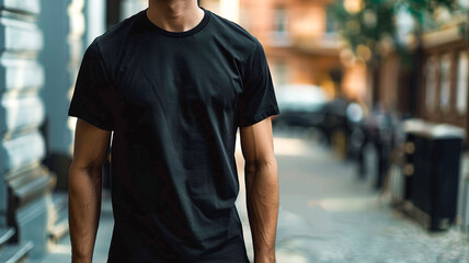Fototapeta premium T-Shirt Mockup on Man in Outdoor Setting with Sunlight