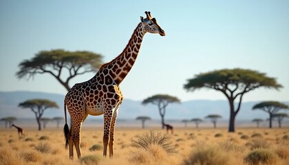 Obraz premium Giraffe Standing Tall in Savannah Landscape with Acacia Trees (1)