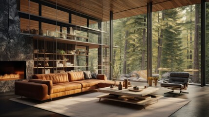 Obraz premium Modern living room with large windows showcasing a forest view.