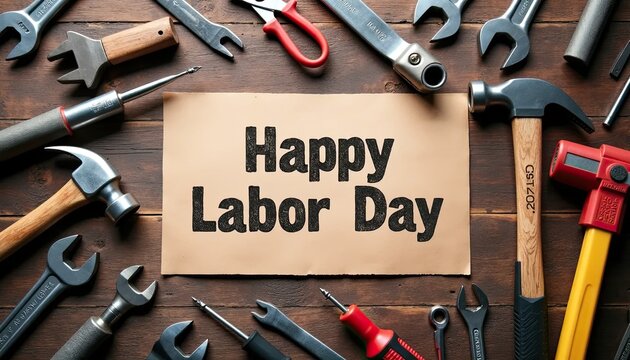 Happy Labor Day with Tools Arranged on Wooden Surface (1)