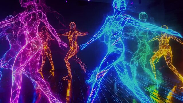Neon outlines of human figures dance energetically under colorful neon lights, appearing as a vibrant holographic performance. The vivid colors range from red to violet, creating a dynamic visual