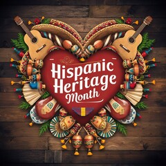 Heart-Shaped Arrangement of Hispanic Heritage Month Elements on Wooden Background (2)