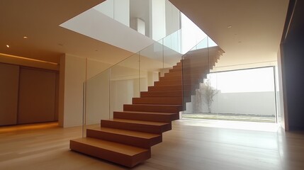 Obraz premium Floating wooden staircase with glass railings, creating a stunning visual impact in a modern home.