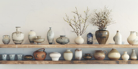 Handcrafted pottery artistry: A display of traditional Japanese ceramics on a clean wooden shelf.