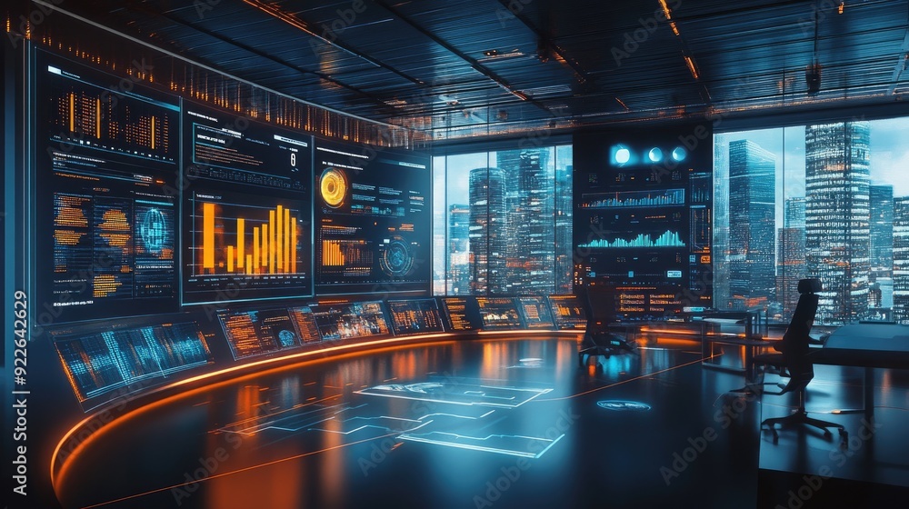 Poster futuristic business environment with floating digital screens displaying various analytics.