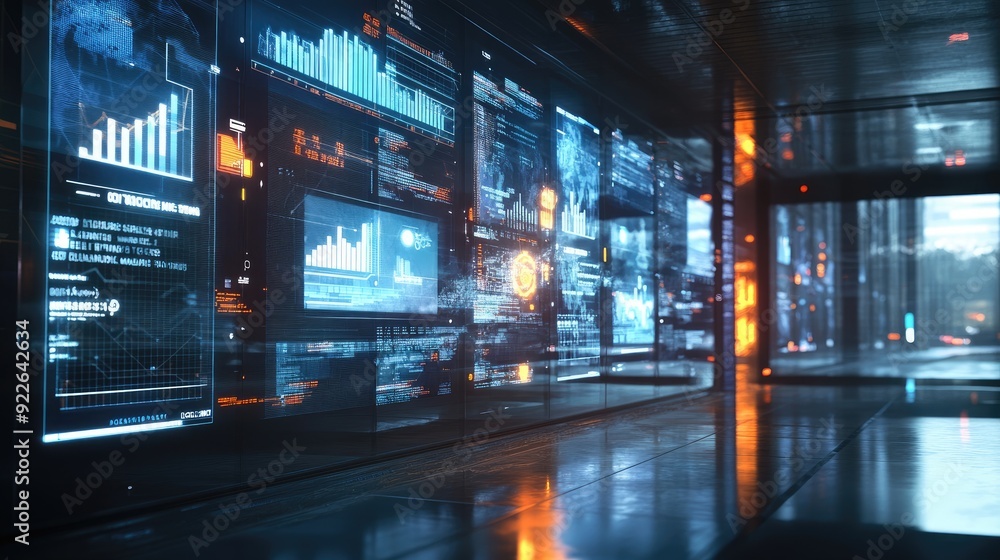 Poster futuristic business environment with floating digital screens displaying various analytics.