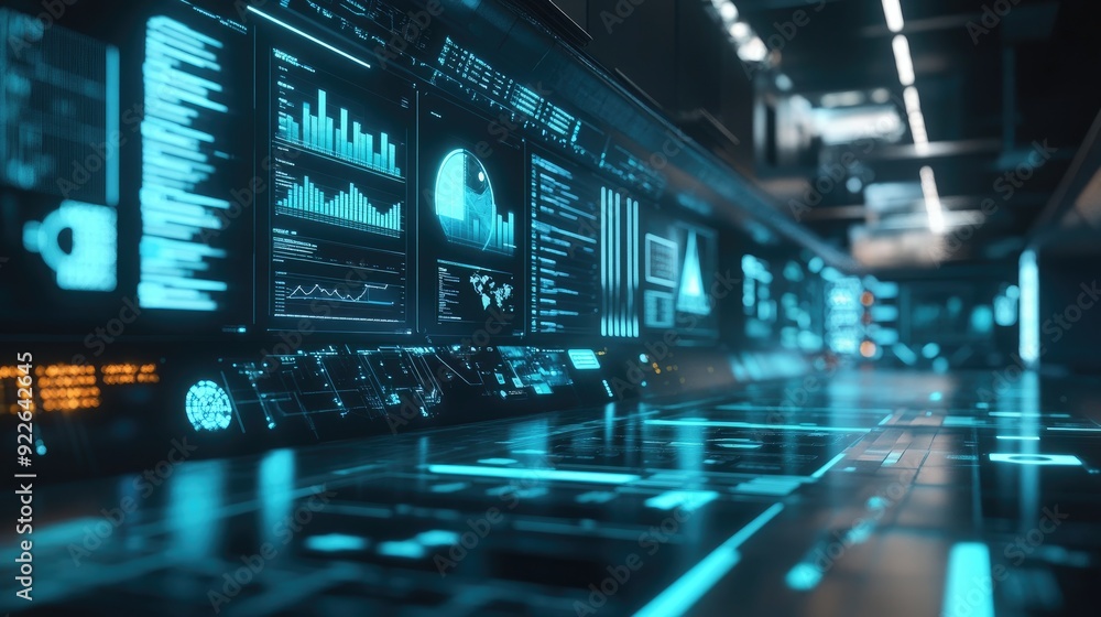 Poster futuristic business environment with floating digital screens displaying various analytics.