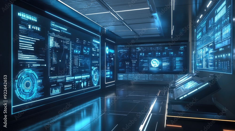 Aufkleber futuristic digital business setup with floating data panels and holographic screens.