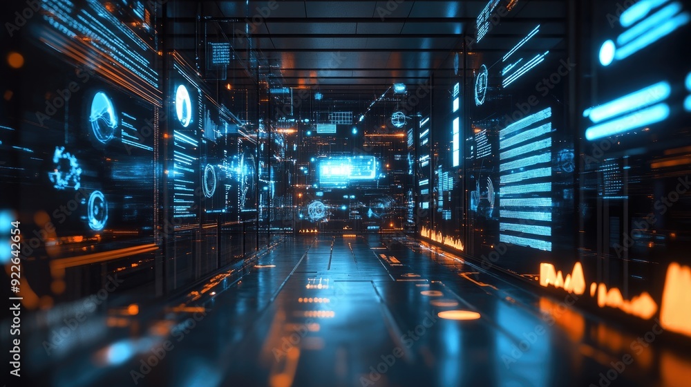 Poster futuristic business environment with floating digital screens displaying various analytics.