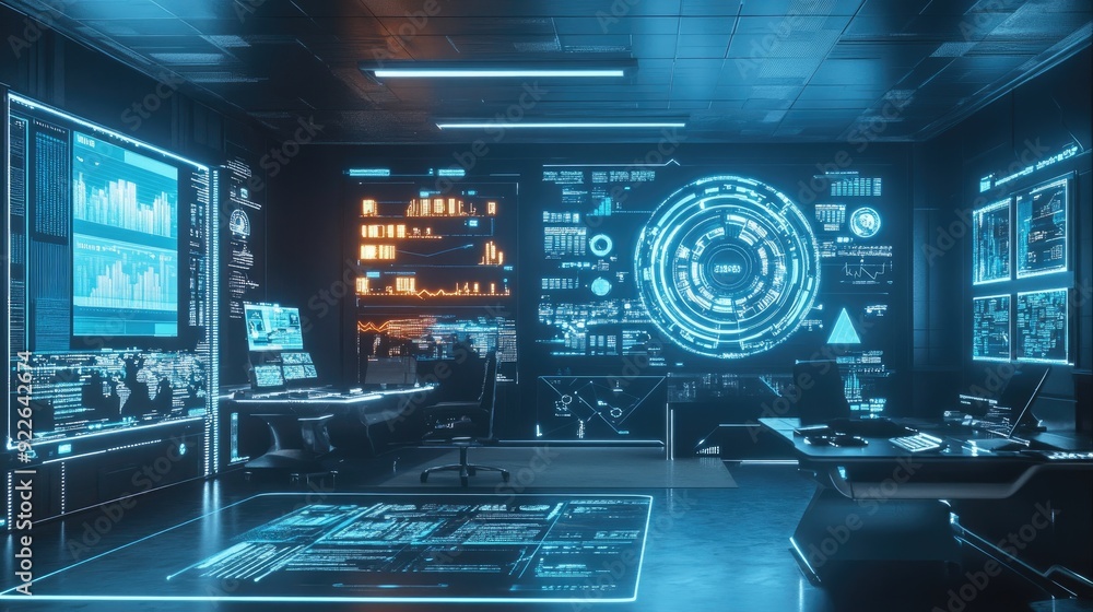 Poster futuristic digital business setup with floating data panels and holographic screens.