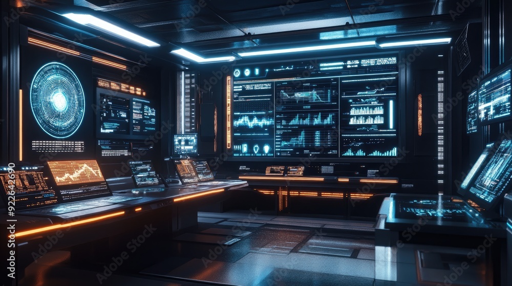 Poster futuristic digital business setup with floating data panels and holographic screens.