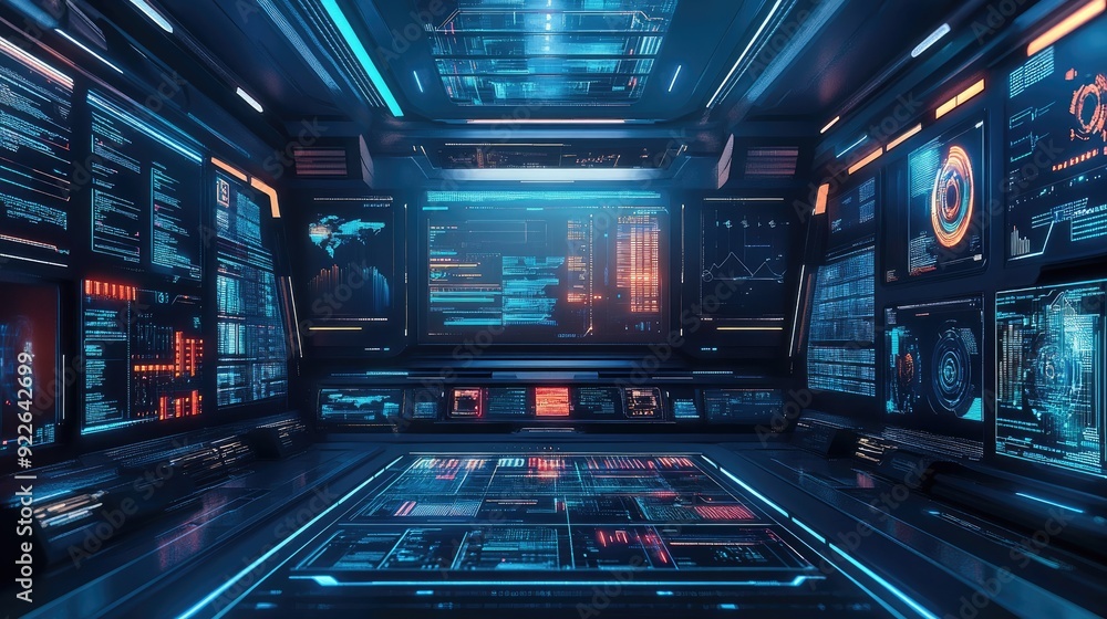 Poster futuristic digital business setup with floating data panels and holographic screens.