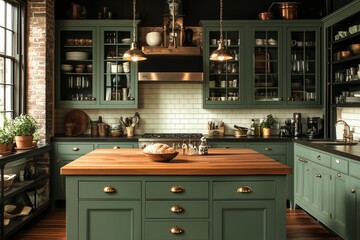 An elegant kitchen designed with sage green as the primary color