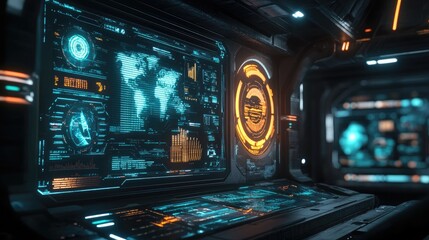 Obraz premium Futuristic digital environment with floating holographic data screens and charts.