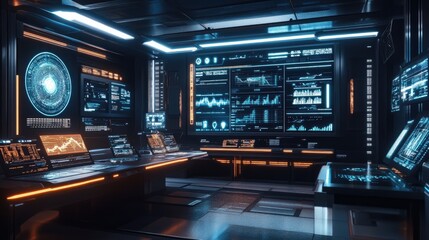 Futuristic digital business setup with floating data panels and holographic screens.
