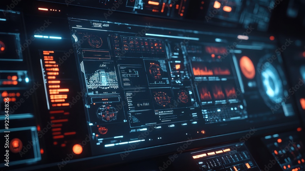 Poster futuristic interface with floating data panels and digital information streams.