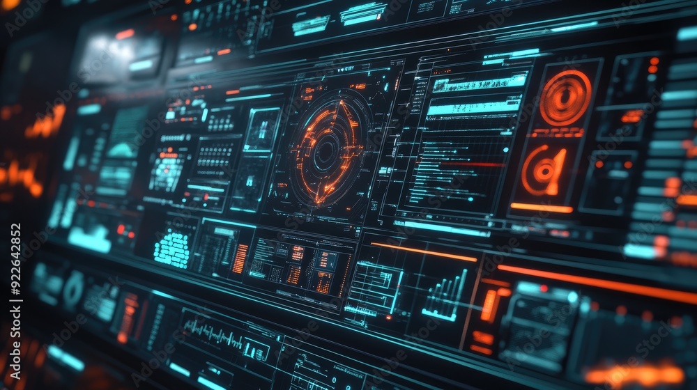 Poster futuristic interface with floating data panels and digital information streams.