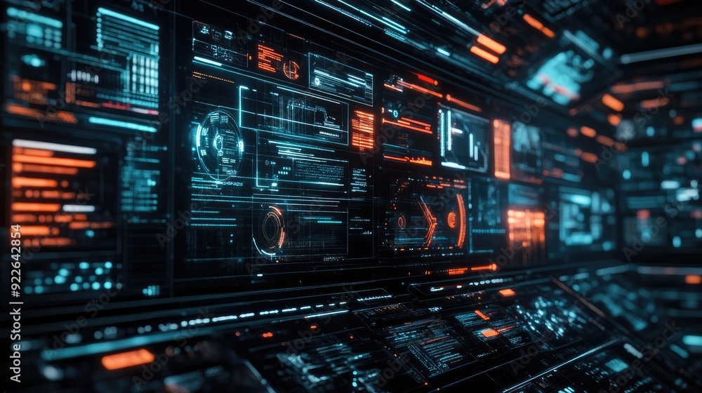 Poster futuristic interface with floating data panels and digital information streams.