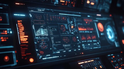Naklejka premium Futuristic interface with floating data panels and digital information streams.