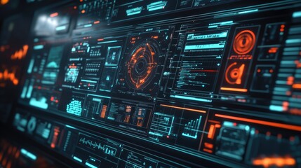 Obraz premium Futuristic interface with floating data panels and digital information streams.