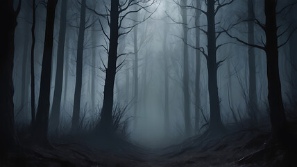 Obraz premium dark foggy forest in the night, scary illustration, spooky old forest, dark and foggy