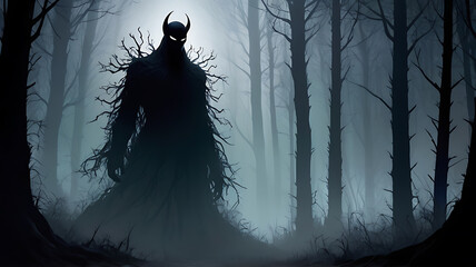 evil demon head on a dark background, mysterious monster with glowing eyes in dark, foggy woods