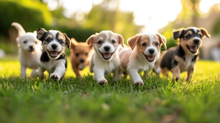Group of playful puppies chasing each other on a lush green lawn, with wagging tails and excited expressions.