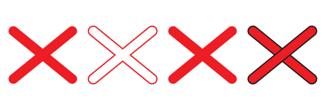 Big red cross icon. Red x wrong sign vector flat illustration design on white background .Set of hand drawn X marks