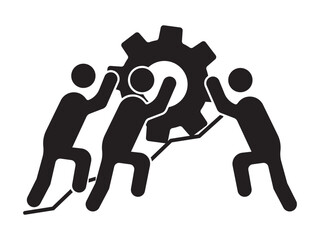 Teamwork icon, teamwork structure hierarchy leadership diagram, human resource organization management with gear setting icon.