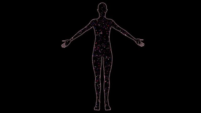 Human body filled with particles.  Ultrafine Particles inside human body.  Outline of human form with colorful dots inside. 3d animation rendering.