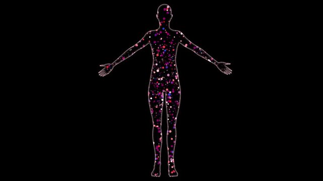 Human body filled with particles.  Ultrafine Particles inside human body.  Outline of human form with colorful dots inside. 3d animation rendering.