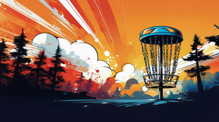 Graffiti Comic Style Disc Golf Basket and Disc Golf Course, Graphic Resource Background	