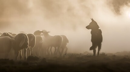 Shepherd dog with a determined look herding a group of sheep through a dense fog the silhouettes of the animals barely visible adding an air of mystery to the scene