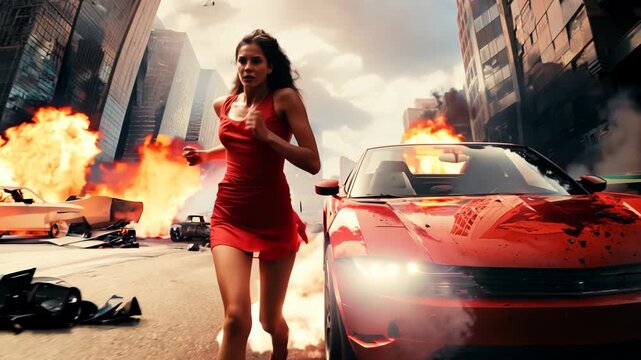 Action shot with woman running away from explosion and cars. Dynamic scene in action movie blockbuster style