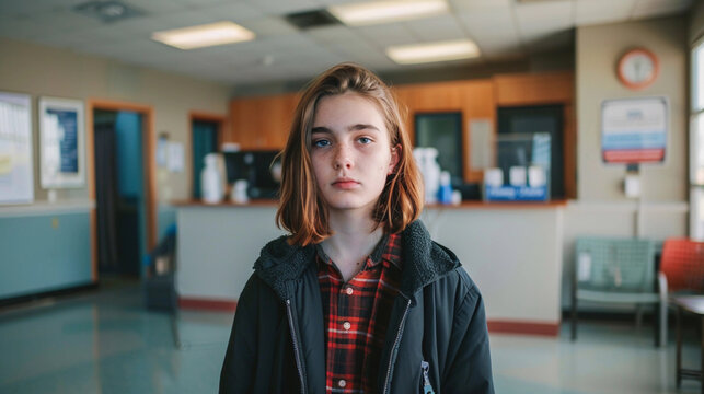 A sad looking teen transgender pensive girl boy teenager with long hair in a clinic hospital setting