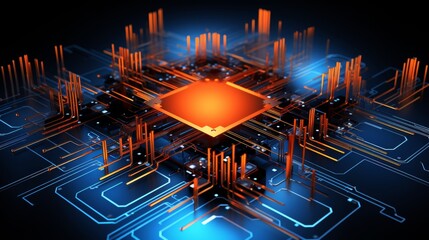 Futuristic quantum computer technology  dark blue circuit board with bright orange wave flow design