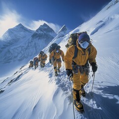 Nepalese Adventure: A Team's Ascent to Everest Base Camp in the Sagarmatha National Park with Oxygen Masks, a Striking Visual Narrative.