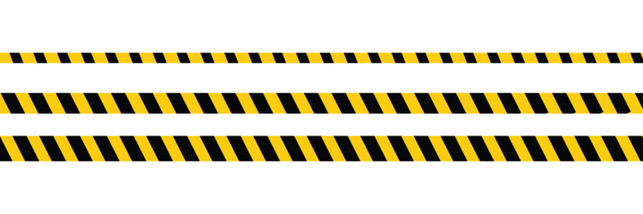 Warning tape with yellow and black diagonal stripes. Warn stop seamless line. Vector illustration on white background. Blank vector illustration warning background. Long danger ribbon. Eps file 102.