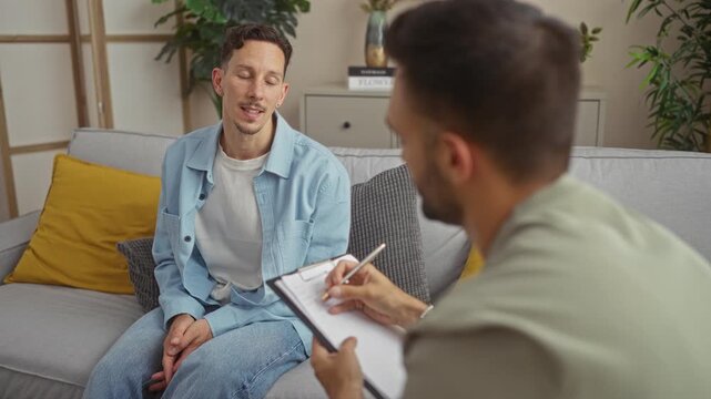 Therapist discussing with a man during a therapy session in a cozy home living room with yellow pillows on the couch and plants in the background