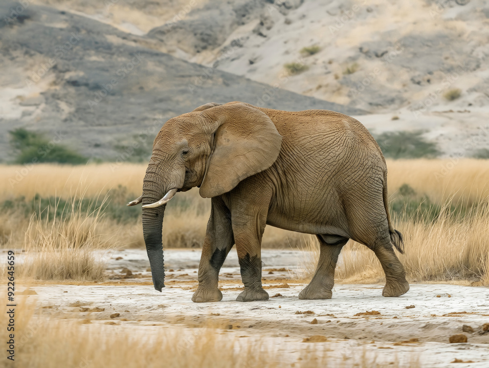 Canvas Prints A large elephant is walking through a field of tall grass. The elephant is the main focus of the image, and the grass and dirt in the background create a sense of depth and distance