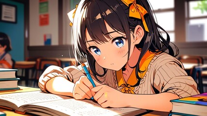 Cute Anime Girl Writing and Watching at You with Love