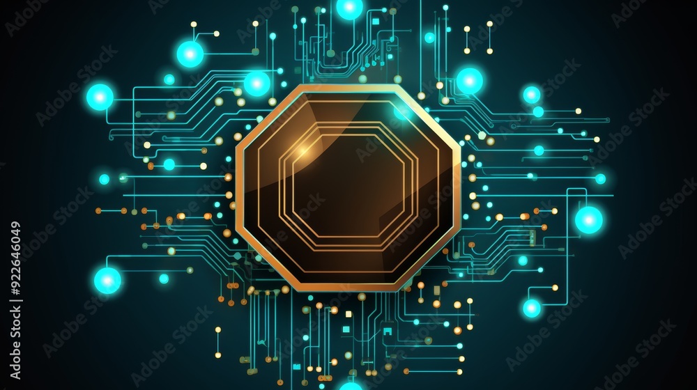 Poster digital circuit board with hexagons and sphere in turquoise and beige colors hi tech concept