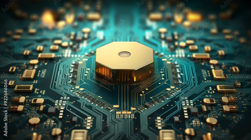 Poster abstract hi tech circuit board design with hexagons and sphere in turquoise and beige colors