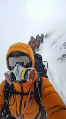Nepalese Adventure: A Team's Ascent to Everest Base Camp in the Sagarmatha National Park with Oxygen Masks, a Striking Visual Narrative.