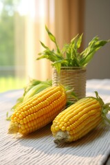 Macro close up of mature yellow corn kernels on the cob, showcasing vibrant and ripe grains