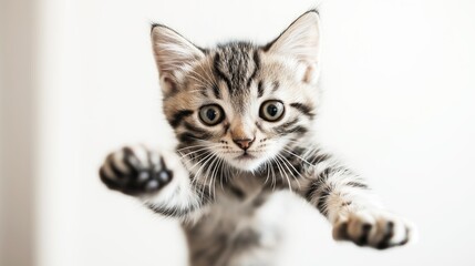 Obraz premium Cute Tabby Kitten with Outstretched Paws on White Background, Perfect for Playful and Adorable Designs with a Touch of Feline Charm