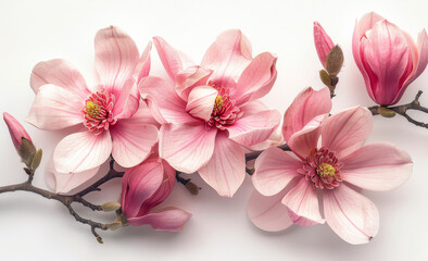 Pink magnolia blossoms with buds on a light background. Delicate pink magnolia flowers and unopened buds arranged beautifully.