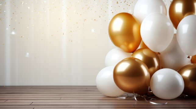 Chic gold and white balloon decorations with confetti for elegant and festive celebrations