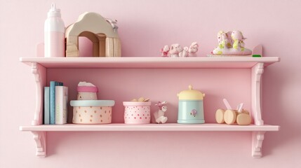 Pink Shelf with Toys and Books for a Nursery