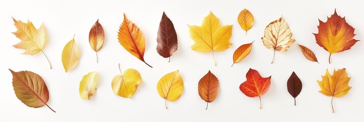 Obraz premium Autumn leaves of various colors on white background. Isolated on a white background. Great for Thanksgiving, fall, and autumn concepts.
